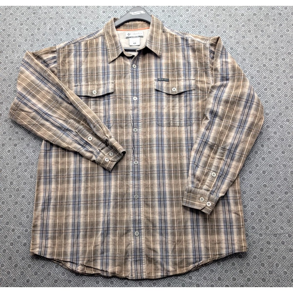 Columbia Mens Long Sleeve Plaid Shirt XL Tan Slate Blue Flap Pockets Outdoor
